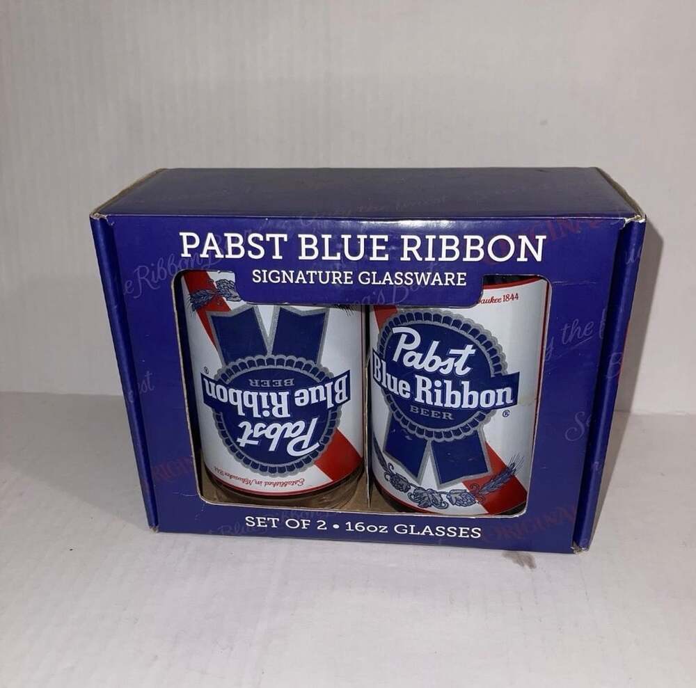 Vintage Pabst Blue Ribbon Beer Mug Glass White & Blue Set of 2